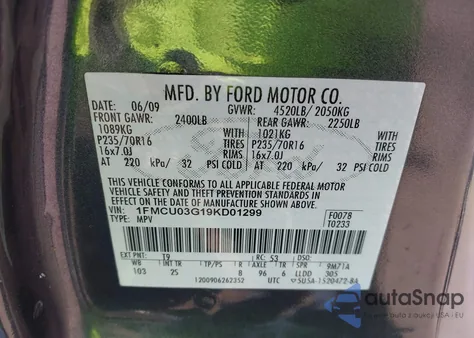 2009 Ford Escape Xlt из США, поврежденный, VIN 1FMCU03G19KD01299